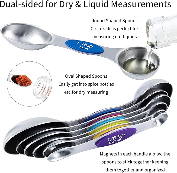 TILUCK measuring cups and magnetic measuring spoons set, stainless steel measuring cups, 6 double-sided stainless steel measuring spoons & 1 leveler (12)