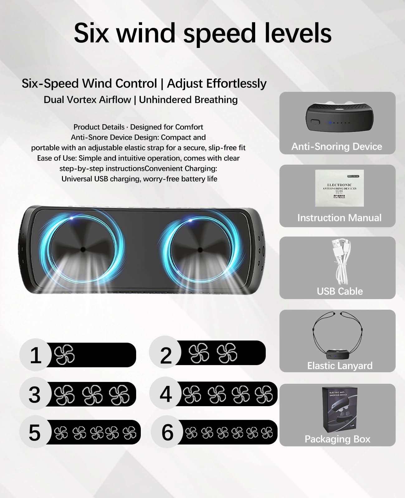 Anti Snoring Devices, Electric Snoring Solution with Adjustable Security Strap, Adjustable 6-Speed, Universal Fit for All Nose Shapes, Portable Sleep Apnea Devices for Men & Women (Charcoal Black)