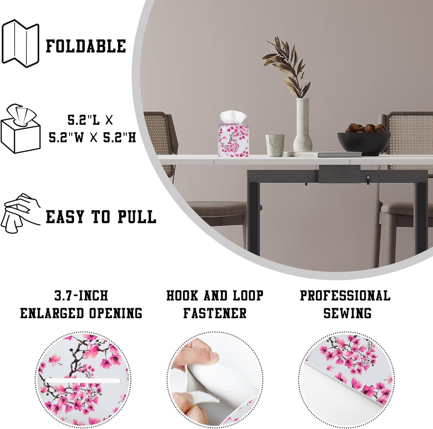 Cherry Blossom Flowers Tissue Box Cover Square, Tissue Box Holder Leather Facial Paper Case Decorative Organizer Holder Dispenser Home Office Car Decor