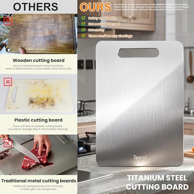 3 Pack Titanium Cutting Board - 100% Pure Titanium Cutting Boards For Kitche,Easy to clean, Double-sided food-grade Cutting Board For Meats, Fruits And Vegetables (3 Pack）