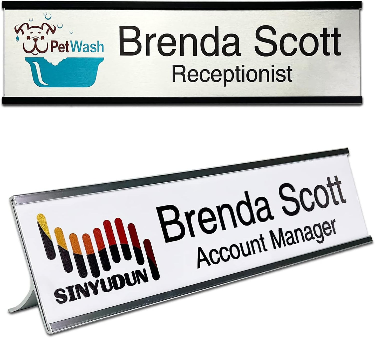 2" x 10" Personalized Aluminum Name Plates, Custom Office Desk or Wall Name Plates, Can Add Custom Logo Image and Texts, Two Name Plate Colors Silver, White, Holders are Optional (Image+Text)