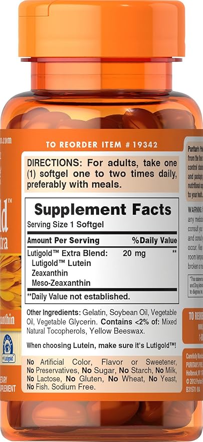 Puritan's Pride Premium Healthy Eyes Lutigold Extra Lutein with Meso-Zeaxanthin and Zeaxanthin for Men and Women, Vision Health Support, 2 Month Supply, 60 Easy-to-Swallow Rapid Release Softgels