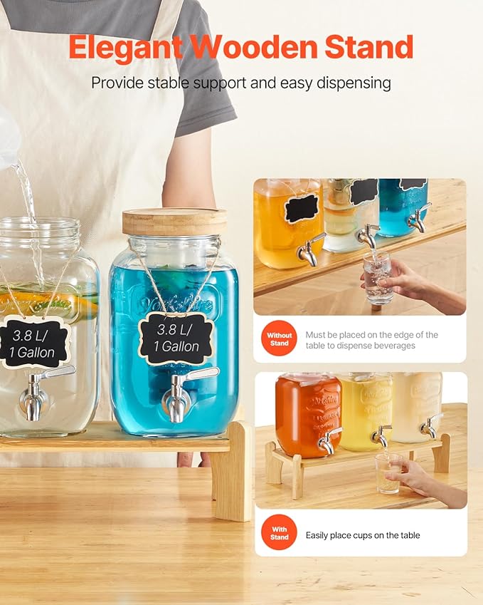 VEVOR Beverage Dispenser, 3 Pack 1 Gallon Drink Dispensers for Parties, Glass Juice Dispenser with Wood Stand, Stainless Steel Spigot, Infuser, Iced Tea Lemonade Juice Water Dispensers for Parties