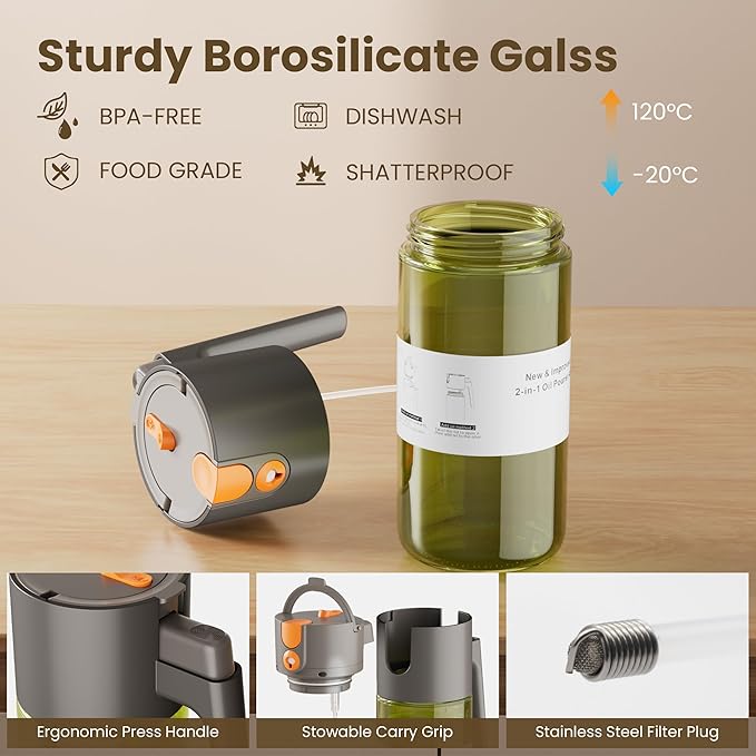 Upgrade 2 in 1 Oil Sprayer for Cooking, Olive Oil Dispenser Bottle for Kitchen Gadgets with Stickers, 17oz/500ml Food Grade Light-Blocking Glass Spray Bottle for Salad, Air Fryer, BBQ