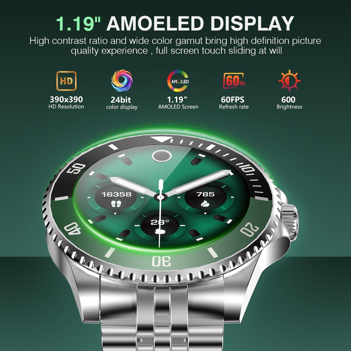 2025 DA GPT Smart Watch for Men, Heart Rate, Blood Pressure, Blood Oxygen, Sleep Monitor, 107 Sports Modes, 1.19-inch AMOLED Display, Waterproof Round Watch, Compatible Android iOS Silver Green