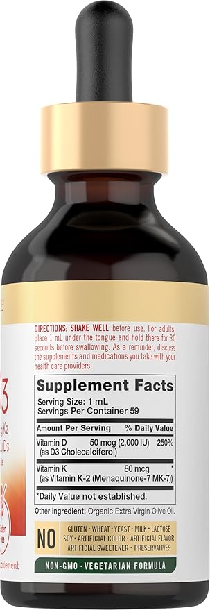 Carlyle Vitamin D3 K2 Drops | 2 Fl Oz | MK-7 Supplement | Vegetarian, Non-GMO, Gluten and Soy Free Formula