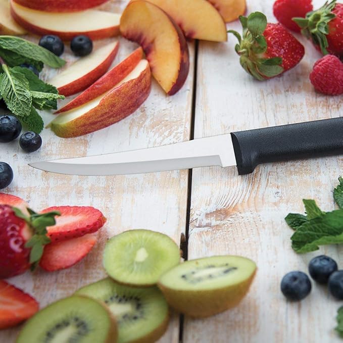 Rada Cutlery Essential Oak Block Set (G258), Stainless Steel Hollow Ground Blades, Made in USA, Black Handles