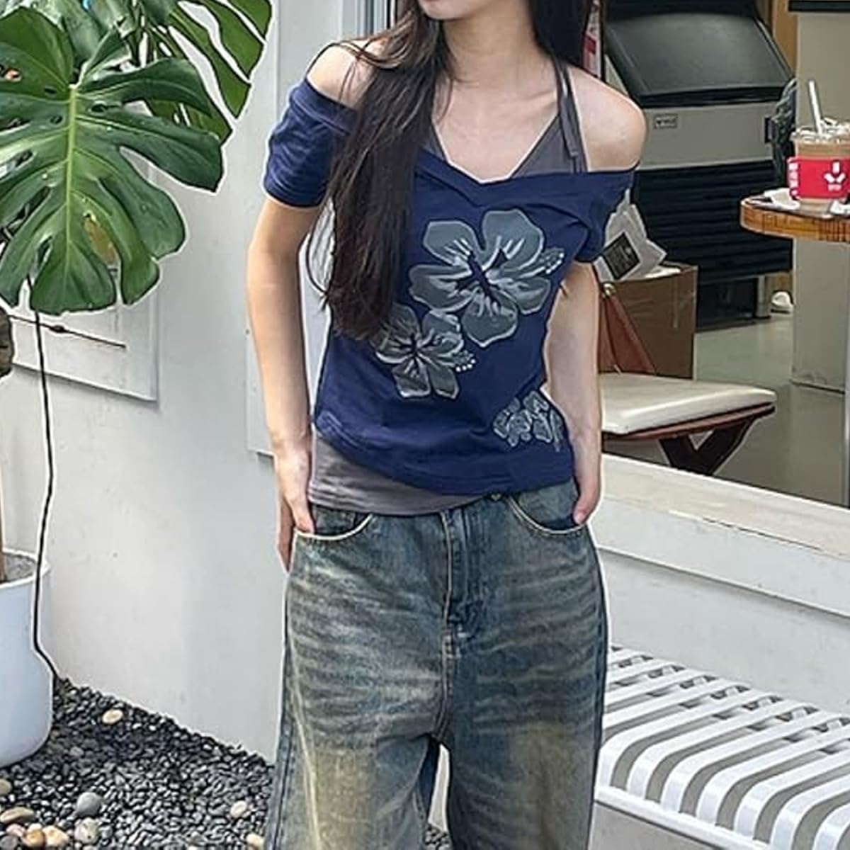 Emo Grunge Shirts Women 2000s Graphic Baby Tees Fake Two Piece Short Sleeve Vintage Y2k Crop Top Goth Alt Clothes (Grey Black,S,Small)