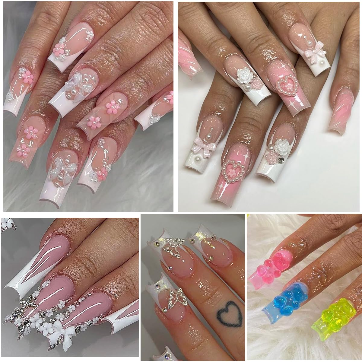 3D Nail Charms Bulk - Mix Assorted Colorful Nail Art Charms with Flowers, Hearts, Pearls, Butterflies, Bows & Crystals - Include