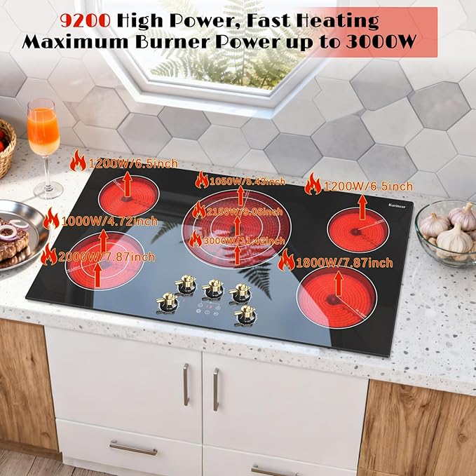 Karinear 36 inch Electric Cooktop, 5 Burner Radiant Cooktop with Knob & Touch Control, 9200W 240V Built-in Stove Top, 9 Power Levels, Timer, Child Lock, Pause, Residual Heat Indicator(Gold Knob)