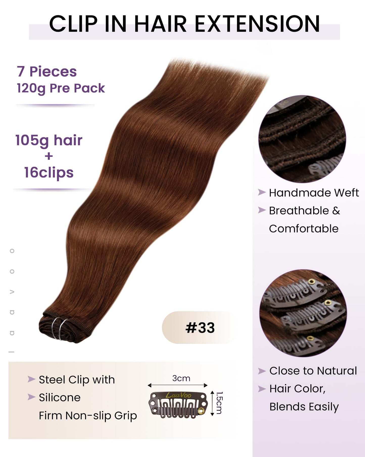 LaaVoo Clip in Hair Extensions Real Human Hair Auburn Brown 7pcs Clip in Human Hair Extensions Russet Auburn Human Hair Clip in