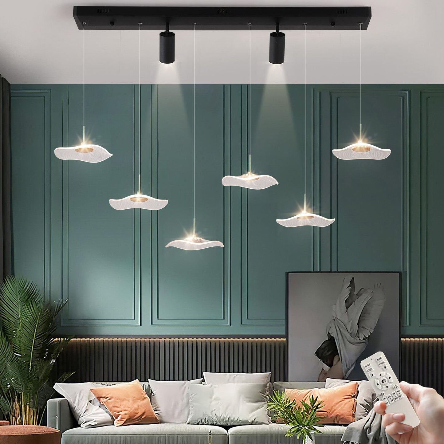 Siittoo Modern Chandeliers For Dining Room  40In Dimmable Led Pendant Lights Kitchen Island With Remote Control  Adjustable Height Kitchen Island Lighting Fixture With Spotlights(34W  6-Light)