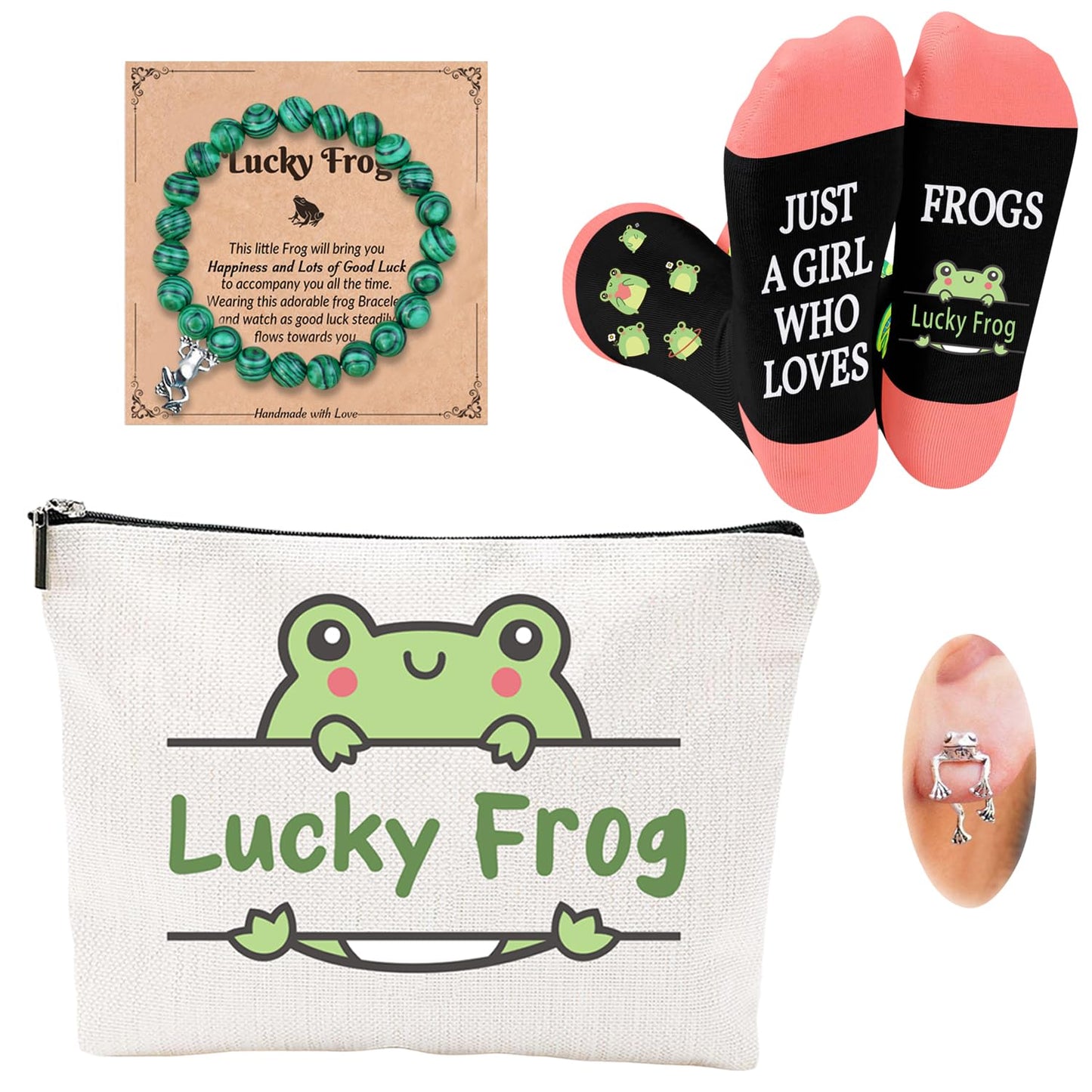 FJHAIY Frog Lovers Gift Set - Frog Cosmetic Bag, Bracelets, Socks, Earrings
