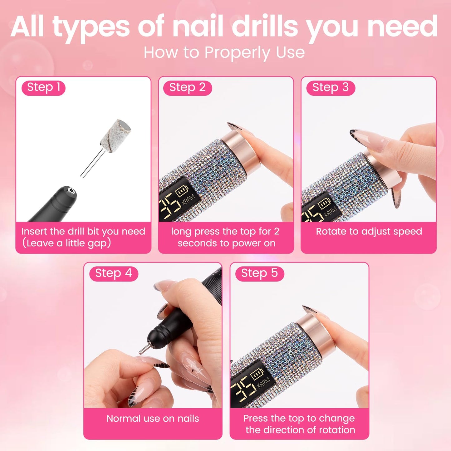 Lavinda Diamond Electric Nail Drill, Professional Rechargeable 35000RPM Electric Nail File Cordless Portable Nail Drill with Cor
