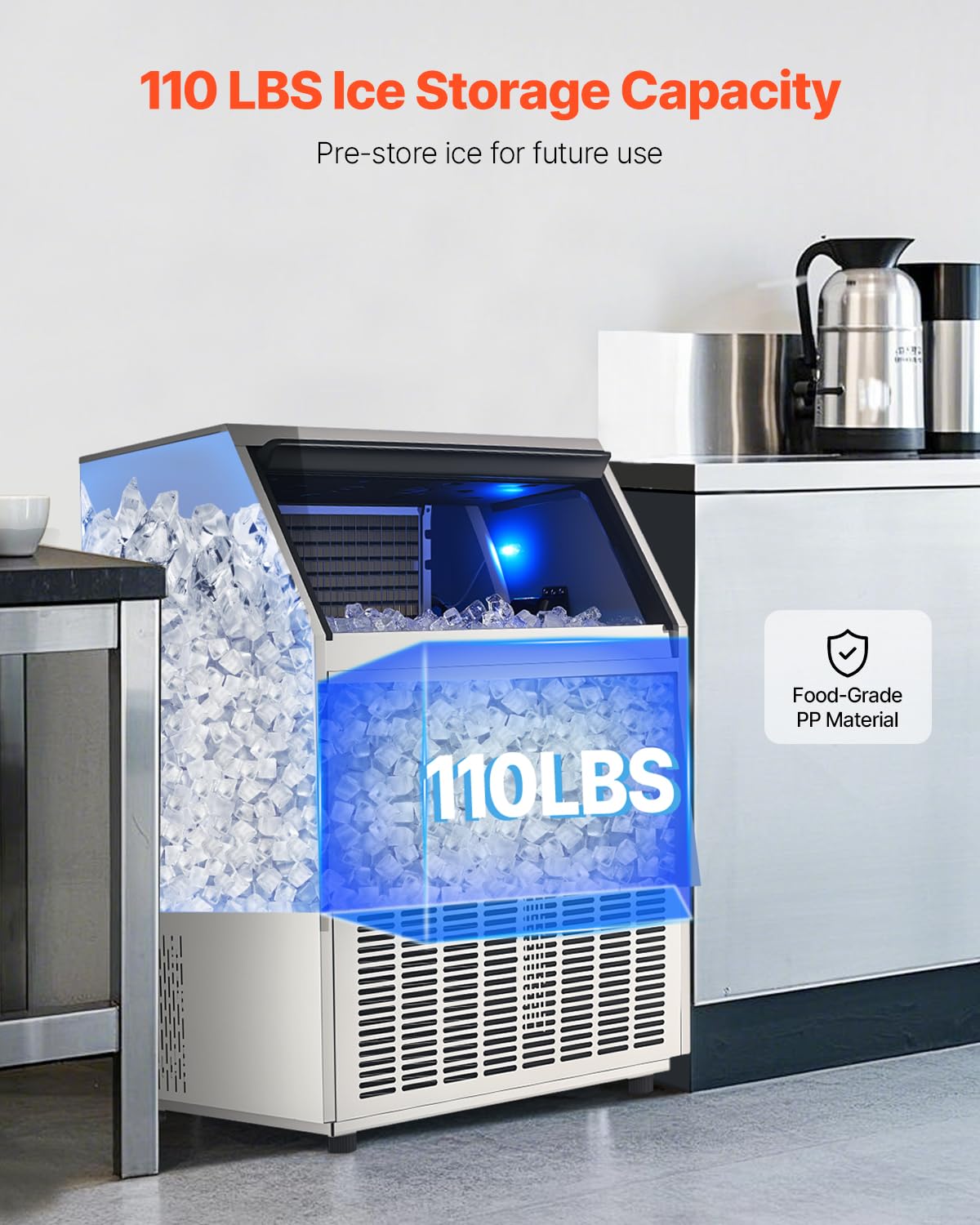 Vevor 440Lbs/24H Commercial Ice Maker Machine With Drain Pump, 110Lbs Storage Capacity Ice Maker, 160 Ice Cubes In 15 Minutes, L