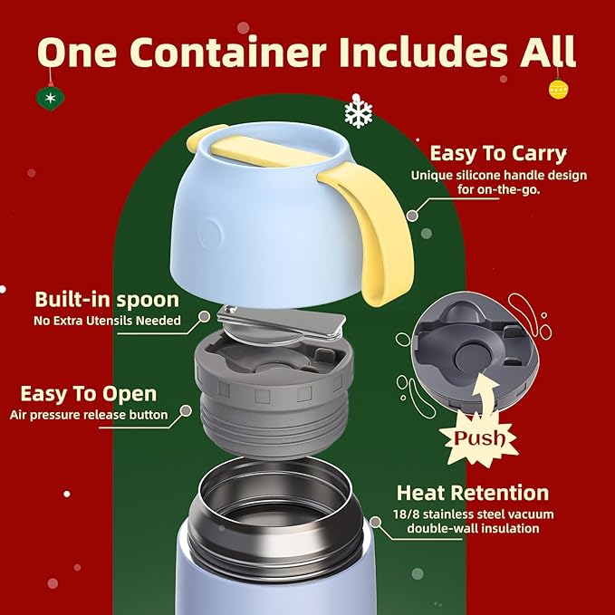 Thermo for Hot Food for Adults Kids | Wide Mouth, 26 oz Insulated Food Jar with Spoon, Leakproof Soup Thermo for School Office Travel, Thermal Steel Lunch Container Easy to Carry (Light Blue)