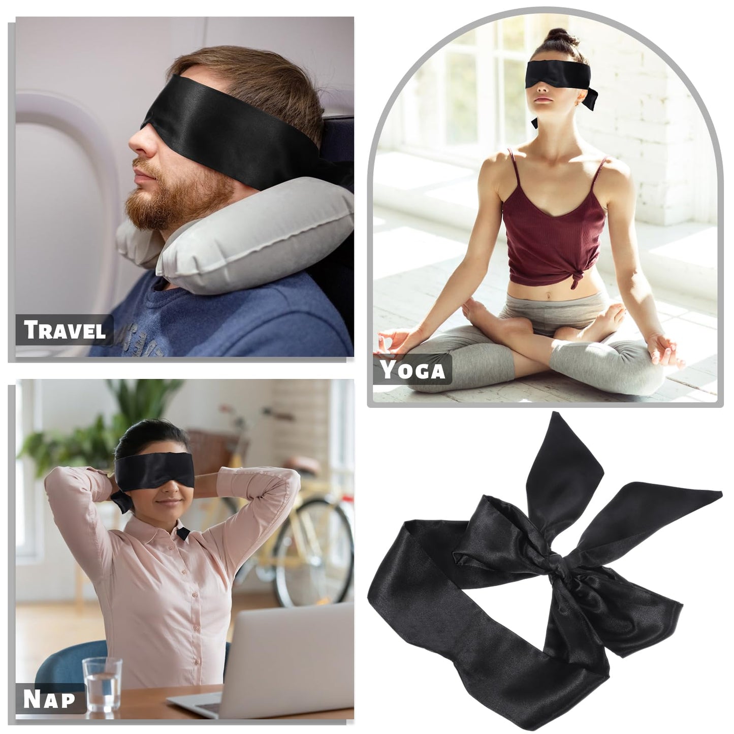 2Pcs Satin Eye Mask Sleep Mask, Adjustable Blindfold Soft Satin Eye Covers Blind Fold Valentine's Day Gifts for Women for Travel, Nap, Meditation,150cm/59inch (Black)
