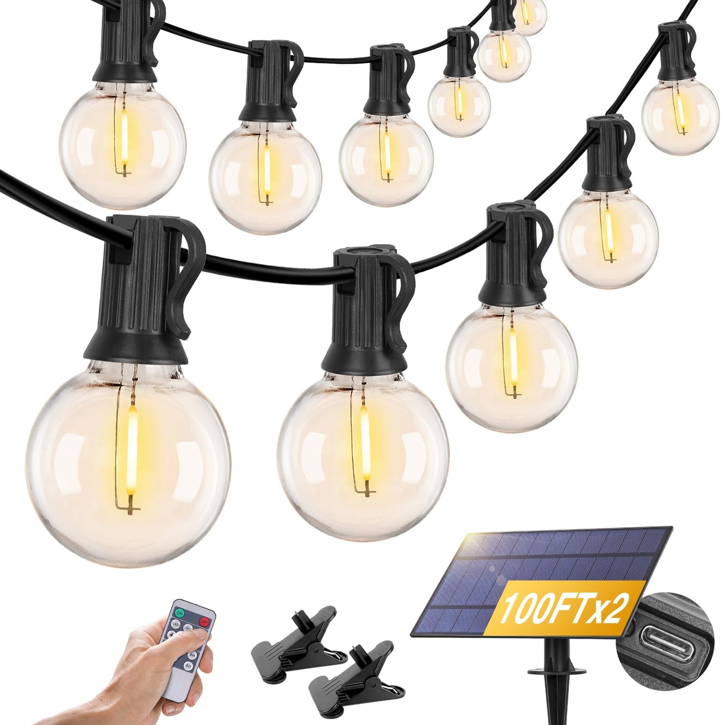 ZJOJO Solar Outdoor String Lights G40 Globe 200FT 100 Edison Glass Bulbs Shatterproof Black