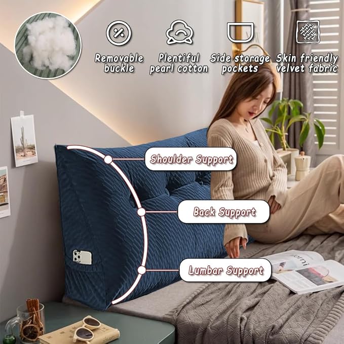 Gradient Velvet Triangular Wedge Pillow, Removable Cover Headboard Pillow for Daybed, Backrest Positioning Support Pillow Cushion Resting Reading Relaxing (Grey, Full(54 * 20 * 8in))