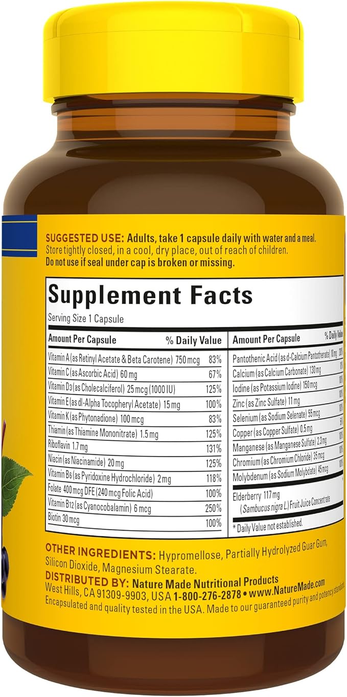 Nature Made Multi + Elderberry Capsules, Multivitamin for Daily Immune Support, One Per Day Multivitamin, 60 Count