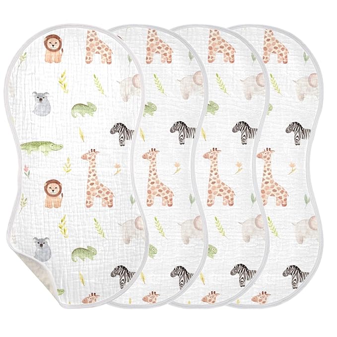 Muslin Baby Burp Cloths Set of 2, Soft Absorbent Safari Animals Muslin Washcloths, Bibs, Face Towel for Newborn Boys Girls, 22 x 11 Inch