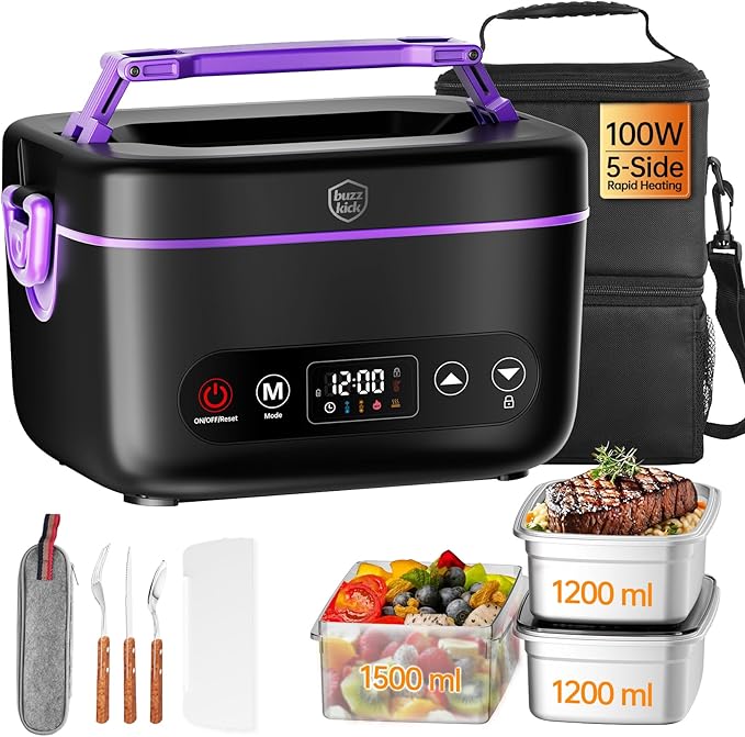 Cordless Electric Heated Lunch Box, 2x1.2L Portable Food Warmer Upgared 5D Surround Heat Tech 6x4000mAh Battery Powered with Dual Insulated Bag, 100W Automatic Heating 220°F Max BPA Free for Men