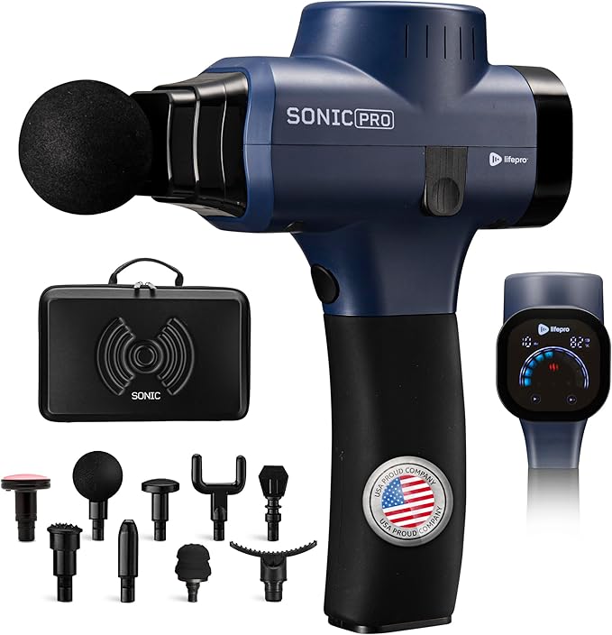 LifePro Sonic Pro Handheld Electric Massage Gun – Deep Tissue Percussion Massager Gun with 10 Speeds & 9 Heads – Muscle Ma...