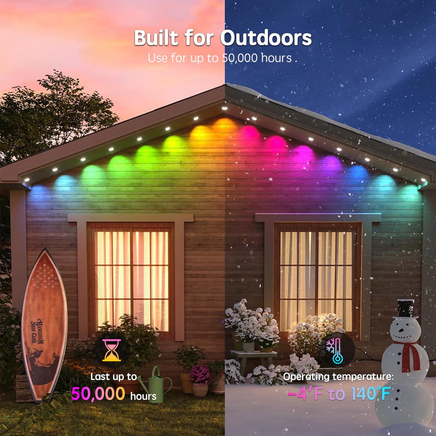 Vrribonx 150FT Outdoor RGB Lights - IP65 Waterproof, Smart App Control, Music Sync, Eaves Lights, Model WYD-03