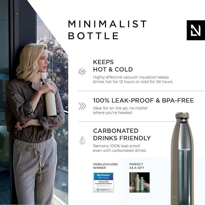 LARS NYSØM Stainless Steel Insulated Water Bottle 12oz 17oz 25oz 34oz 51oz | BPA-free Insulated Thermo Flask for Hot and Cold Beverages | Leakproof Drinking Bottle (Greige, 34oz)