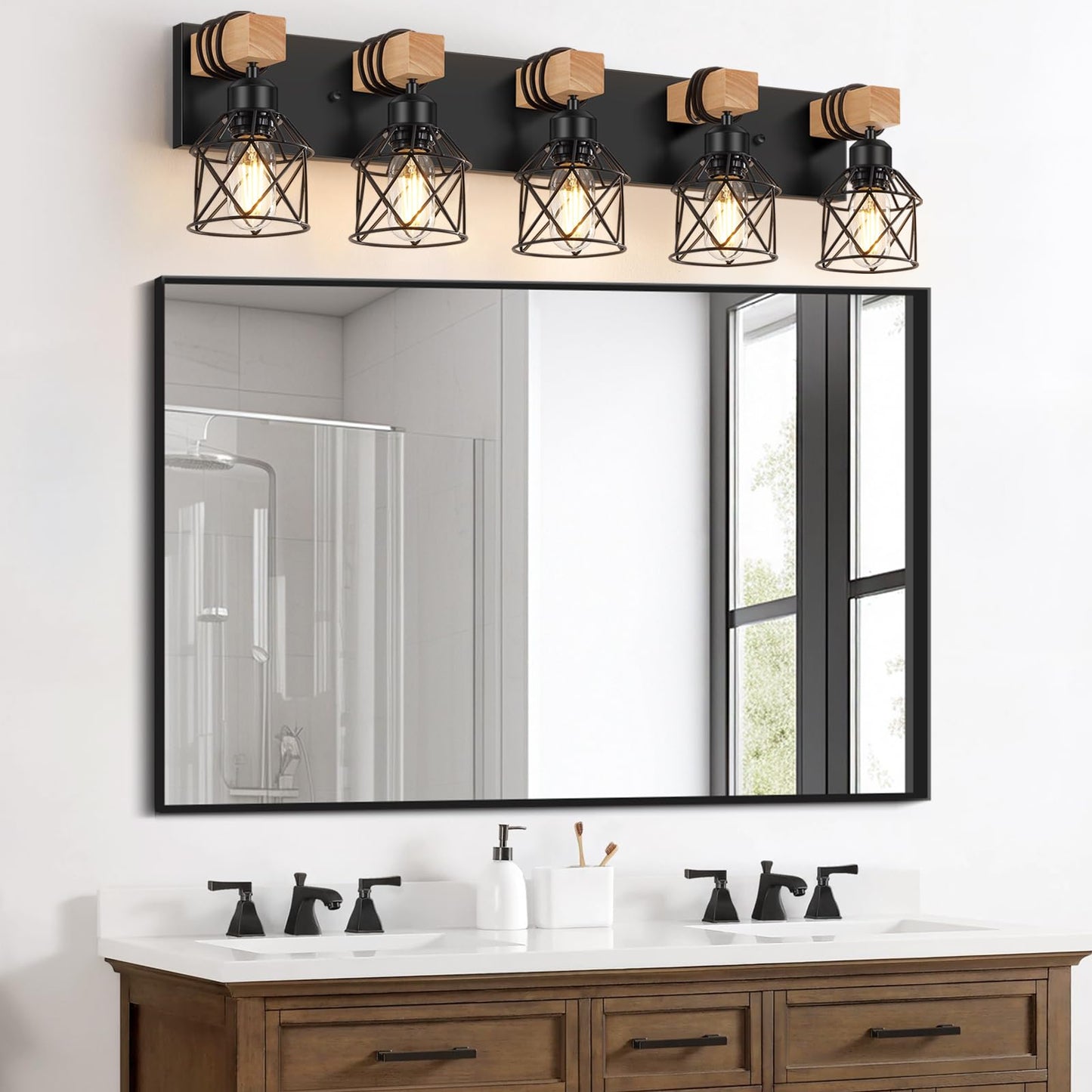 Fadimikoo 5-Light Wooden Black Bathroom Light Fixtures  Rustic Style Vanity Wall Sconces Lighting With Metal Cage  Farmhouse Bathroom Lights Wall Mount For Bedroom  Living Room  Entrance
