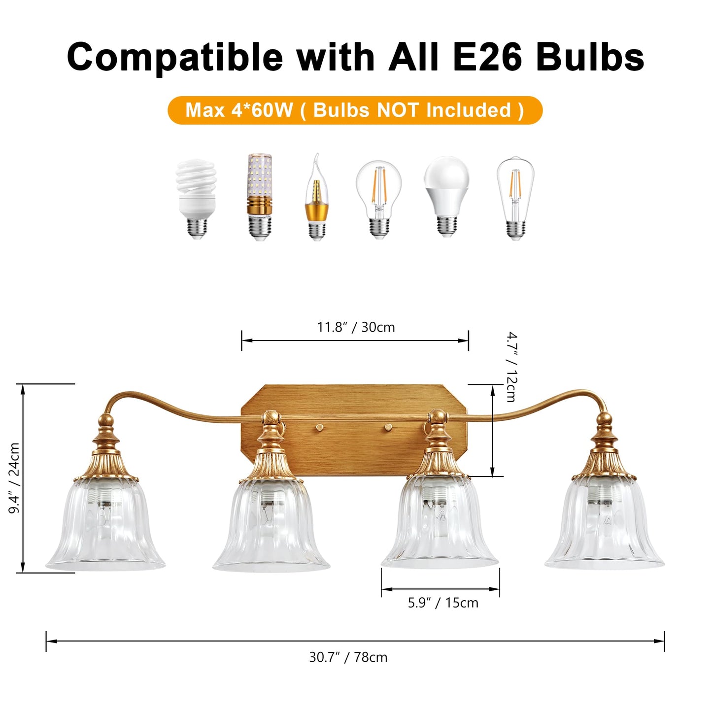 Lmnlvn Bathroom Vanity Gold Light Fixture  4 Lights Bathroom Lighting Matte Antique Brass Finish With Crystal Glass Shade  Gold Vintage Vanity Light For Bathrooms