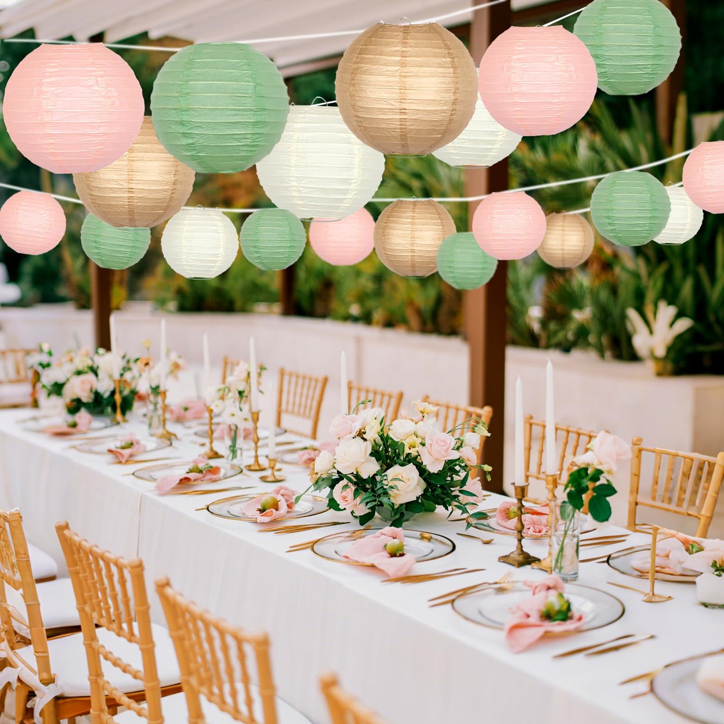 ADLKGG Paper Lanterns, Round Hanging Decorations for Parties, 21pcs, Sage Green/Pink/Brown