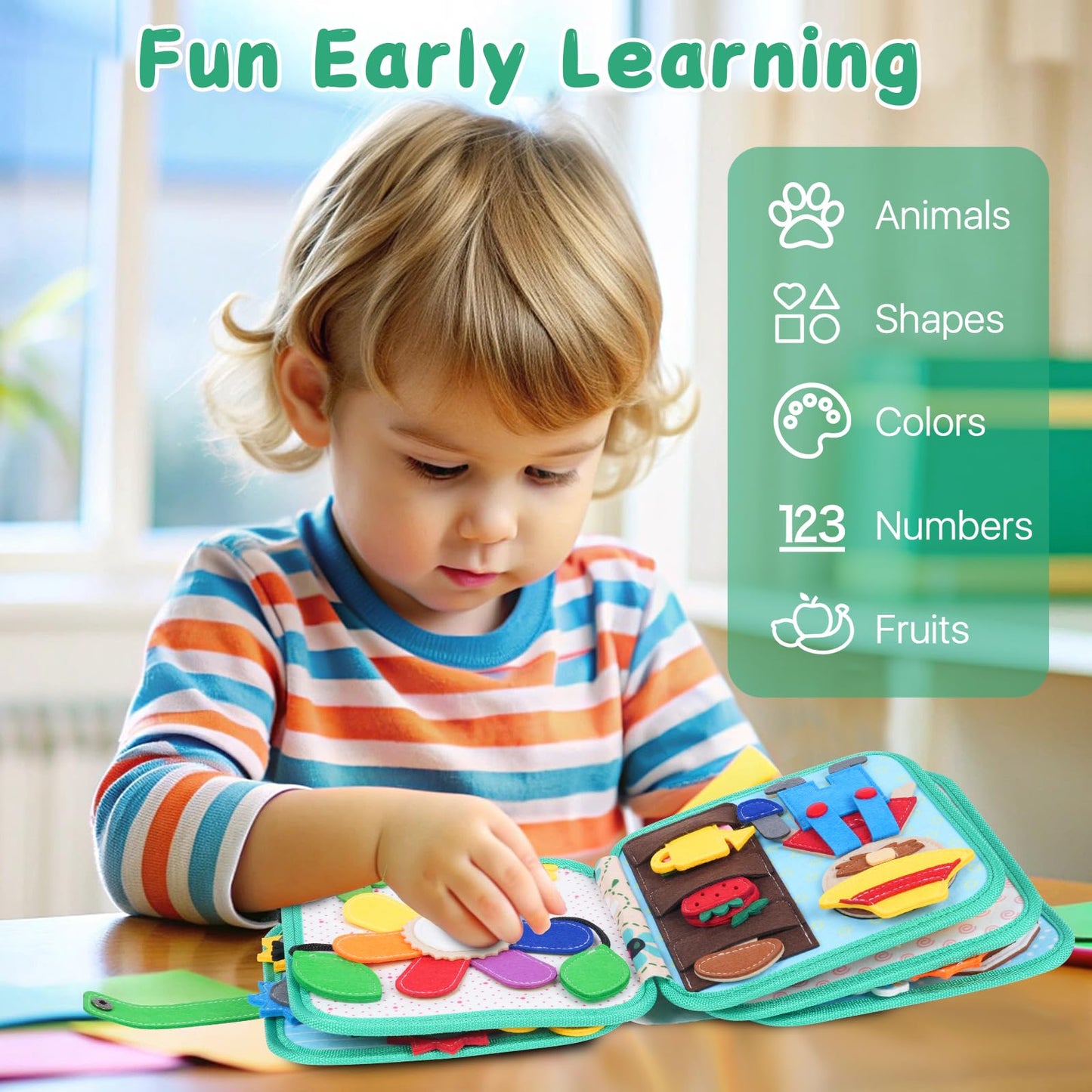 Cobelae Busy Book for Toddlers 1-3, Montessori Toys Busy Board for 1 Year Old, Felt Toddler Quiet Book, Educational Learning Activity Books, Kids Travel Toys, Gifts for Boys & Girls Ages 1+