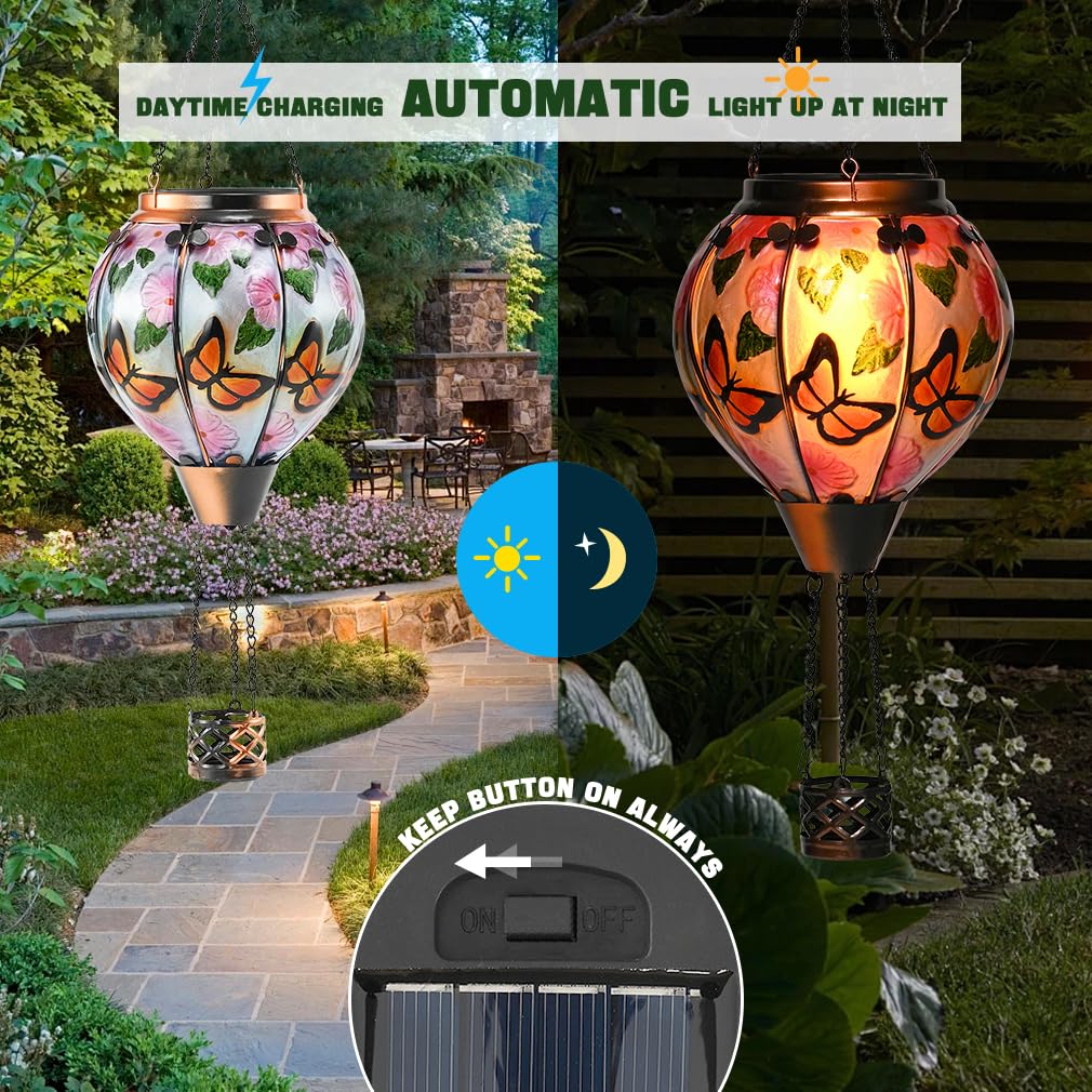 Hot Air Balloon Solar Lantern - Butterfly Stained Glass Lantern  Simulated Flickering & Dancing Flame  Outdoor Hanging Yard Light Waterproof Ip65 For Patio Lawn Porch Decor Gift
