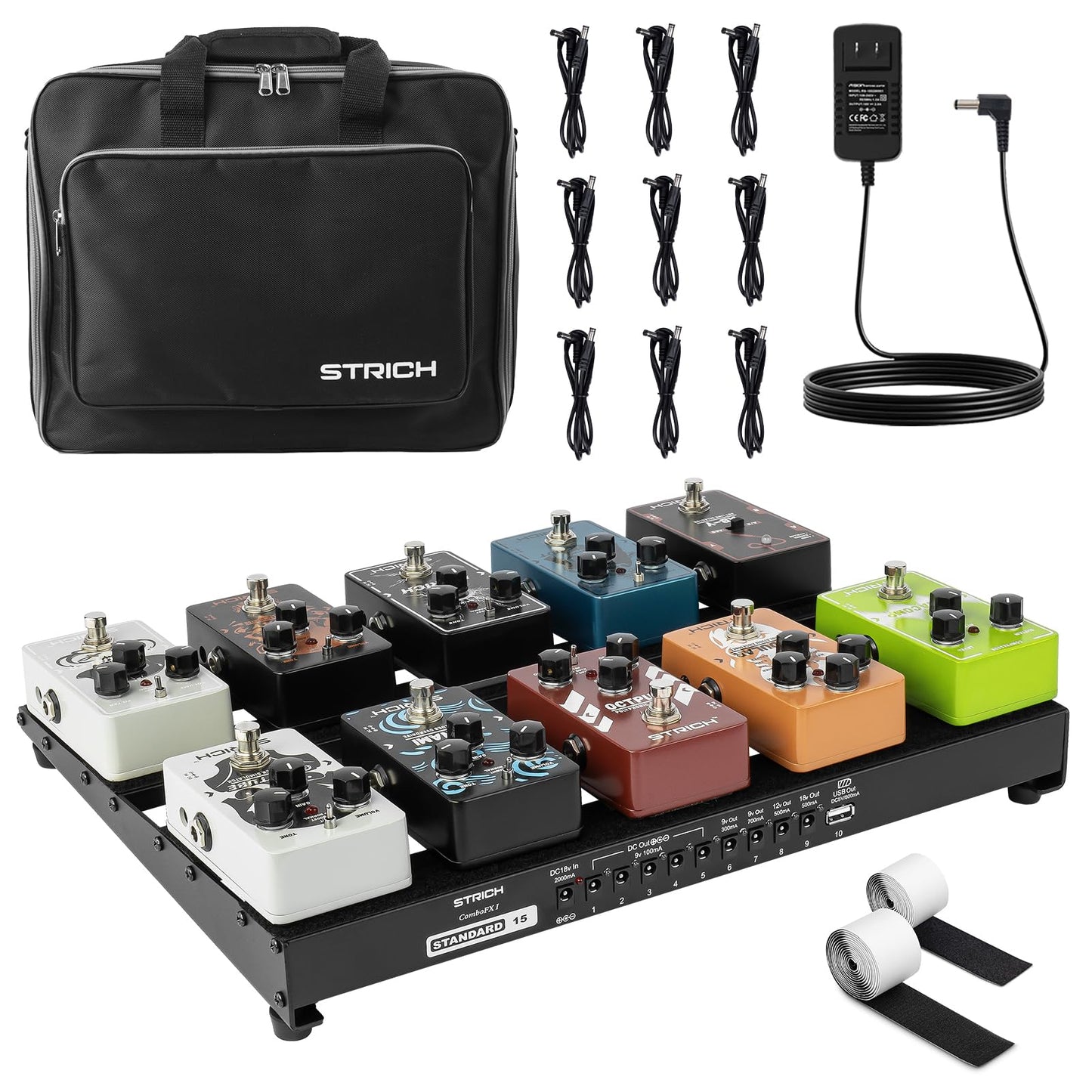 STRICH Guitar Pedal Board with Built-in Power Supply, Pedal Board 15 x 11 2.17LB Lightweight Aluminum Alloy, PedalBoard with Ped
