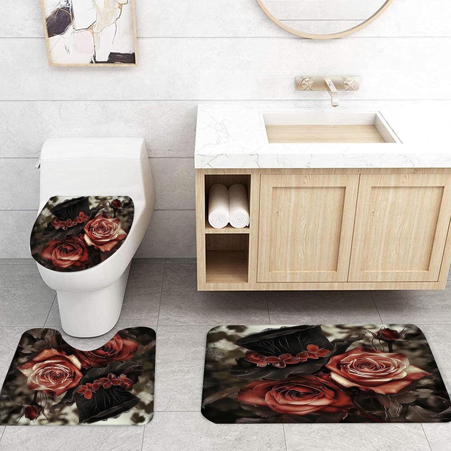 NEWSUYAA Halloween Decorations Shower Curtain Set with Non-Slip Rugs and Bath Mats,Black Skull Skeleton Bathtub Curtains with 12 Hooks,All Saints'Day (Nov 1st) Bathroom Decor