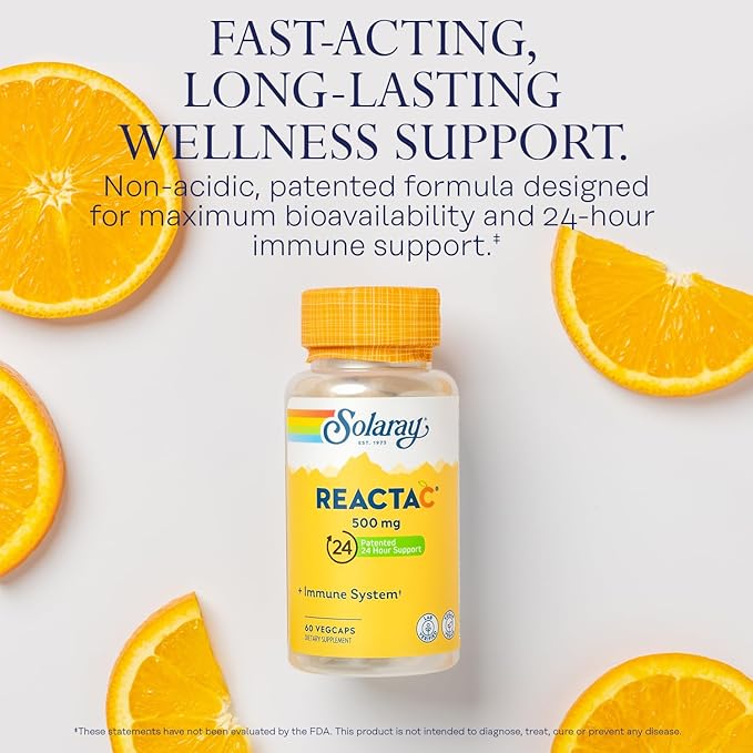 SOLARAY Reacta-C with Vitamin C 500mg - 200mg Bioflavonoid Concentrate, Immune Defense Vitamins - Patented 24 Hour Immune Support Supplement - Vegan - 60 Capsules, 60 Servings
