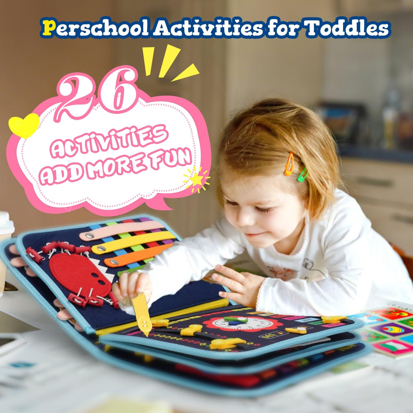 Toddler Busy Board Book Montessori Toys for 1 2 3 4 Years Old,Sensory Board Educational Activities for Learning Fine Motor Skill,Toy for Boy & Girl Birthday Gift,Toddler Toy for Airplane Car Travel﻿