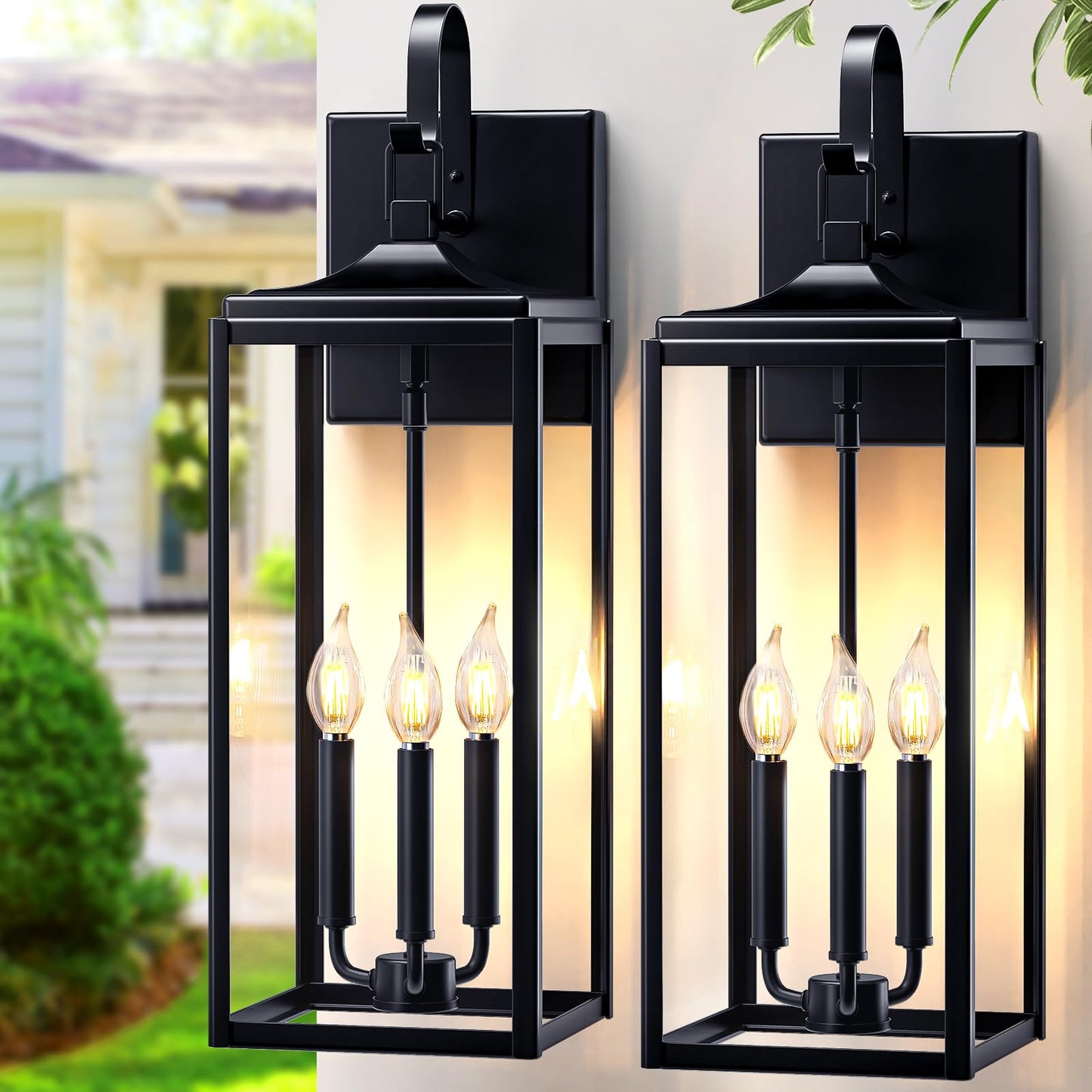 24 Extra Large Outdoor Wall Light 2 Packs  Black Exterior Lighting Fixtures Outdoor Porch Lantern Wall Mounted  Waterproof Modern Outside Wall Sconce  E12 3-Light Coach Lamp For House Patio Garage