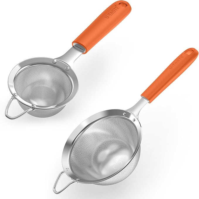 U-Taste Fine Mesh Food Strainer: 18/8 Stainless Steel 30 Mesh Kitchen Sieve with Sturdy Riveted Silicone Handle, Heavy Duty Deep Handheld Metal Colander (Small/3.35in+Medium/4.73, Orange)