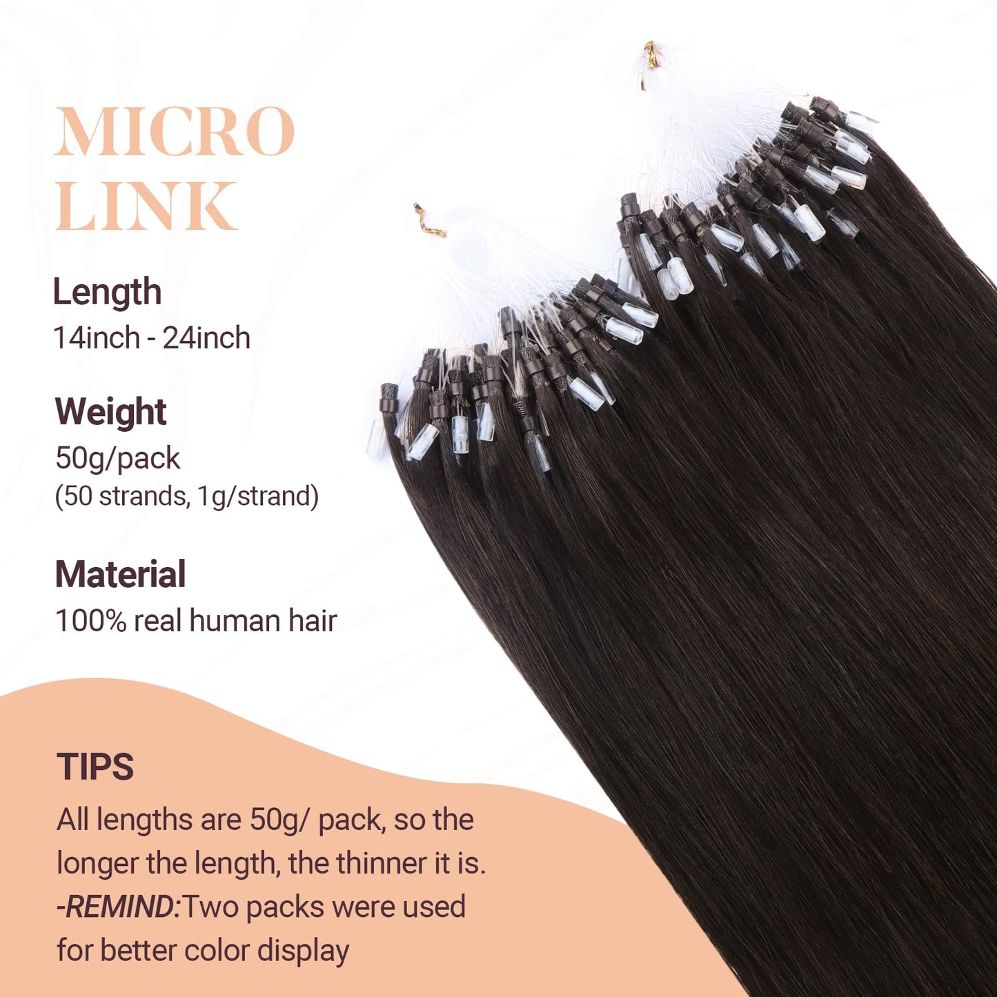 MAXITA Microlink Hair Extensions Human Hair Dark Brown Micro Bead Hair Extensions Virgin Human Hair, 50g/50 Strands/Pack, 18 In