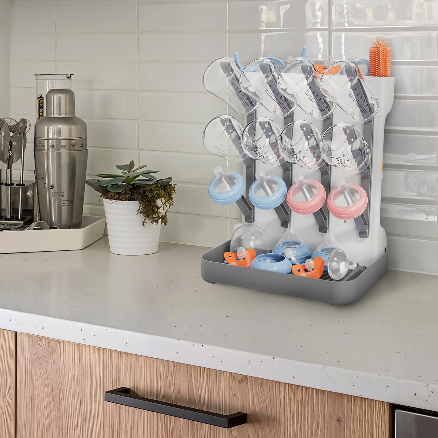Baby Bottle Drying Rack, Vertical Bottle Dryer Holder Space Saving Standing Bottle Drying Rack for Countertop Kitchen Organize Bottles & Baby Accessories Brushes Pacifiers and Pump Part (Grey)