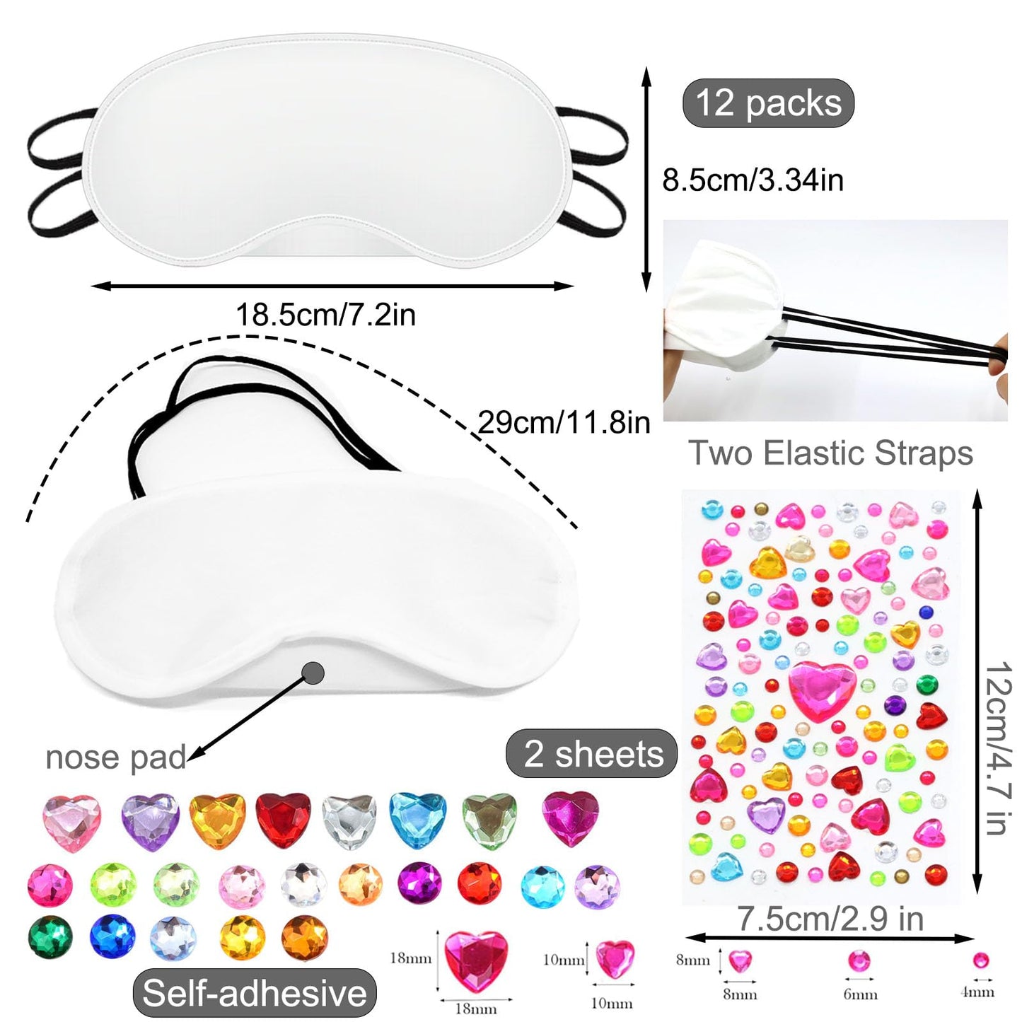22 PCS Sleepover Party Supplies, 12 PCS Sleep Eye Masks White Blindfold Slumber Eye Covering with 2 Sheets Self-Adhesive Heart Rhinestones Gems&8 PCS Fabric Marker Pens