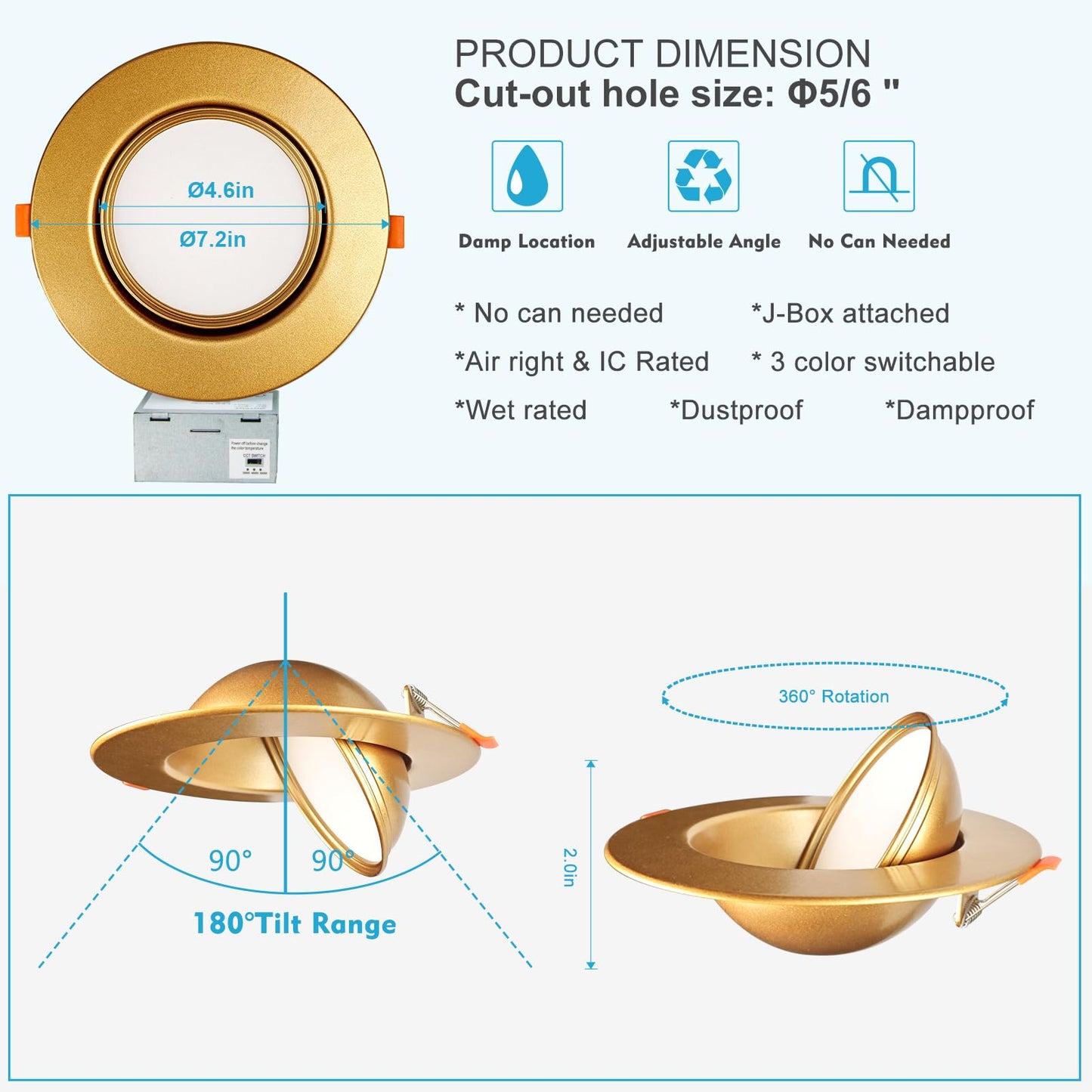 Lightdot 6 Pack 6 Inch Led Gimbal Recessed Lighting  360+90 Adjustable  3Cct Selectable & Dimmable (5%-100%)  1300Lm Ultra Bright Canless Downlight  Etl/Fcc Certified For Living Room/Kitchen-Gold