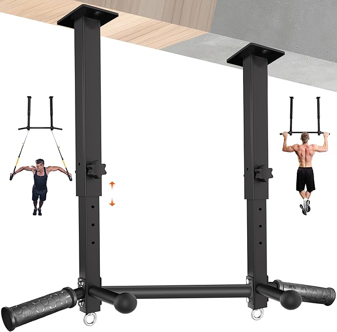 Upgraded-24" Ceiling Mount Pull Up Bar for Garage/Basement/Rafter - Heavy Duty 800LBS Adjustable Height Multi-Grip Chin Up...
