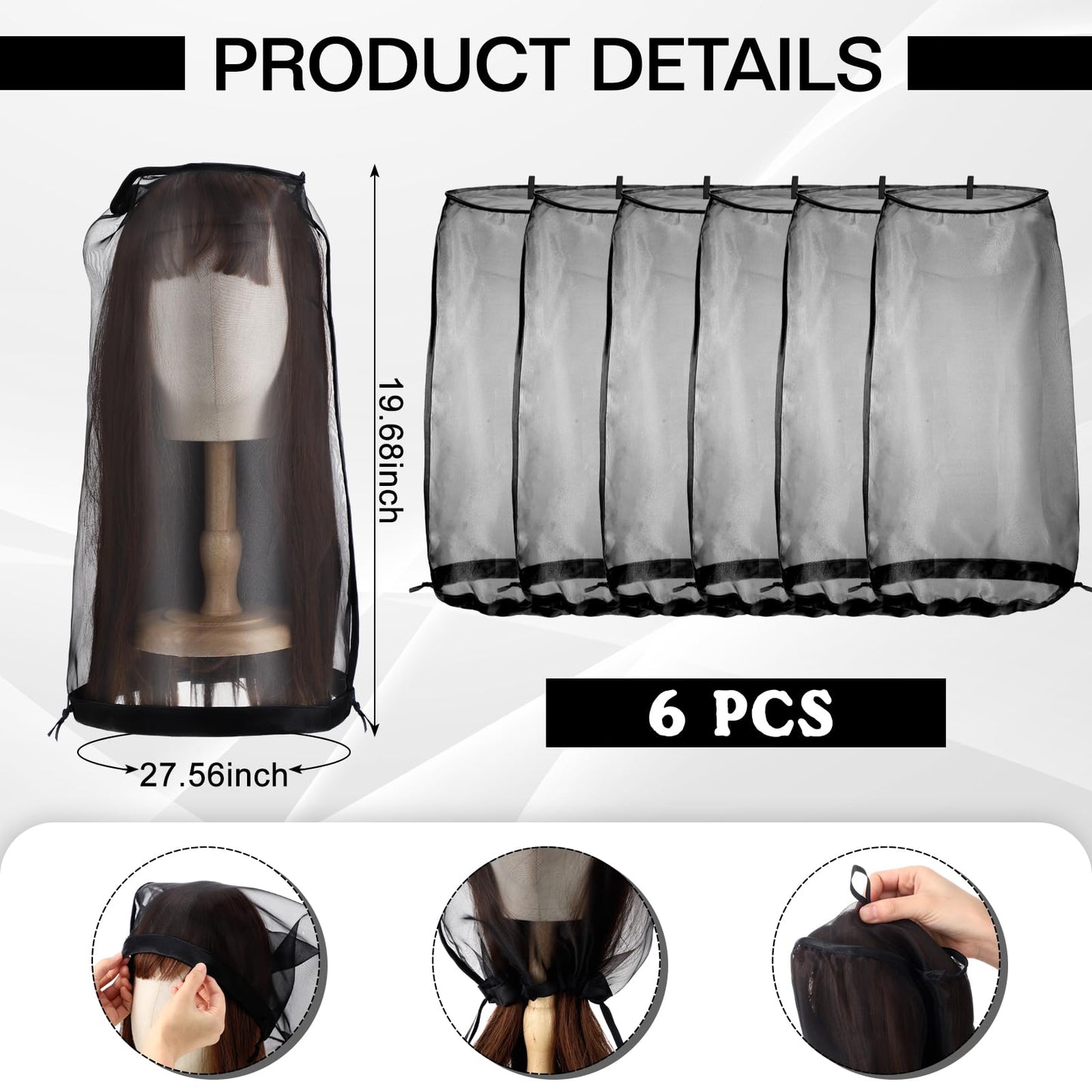 Loopeer 6 Pcs Wig Storage Bags Adjustable Wig Bag with Drawstring Portable Travel Organizer for keep from Dirt Dust(Black)