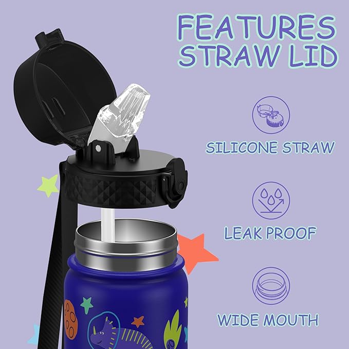 GOPPUS Kids Water Bottle (Straw Lid) - 14 Oz Stainless Steel Travel Bottle, Double Wall Vacuum Leak Proof Kids Cup for School Boys Girls,Blue Space dinosaur