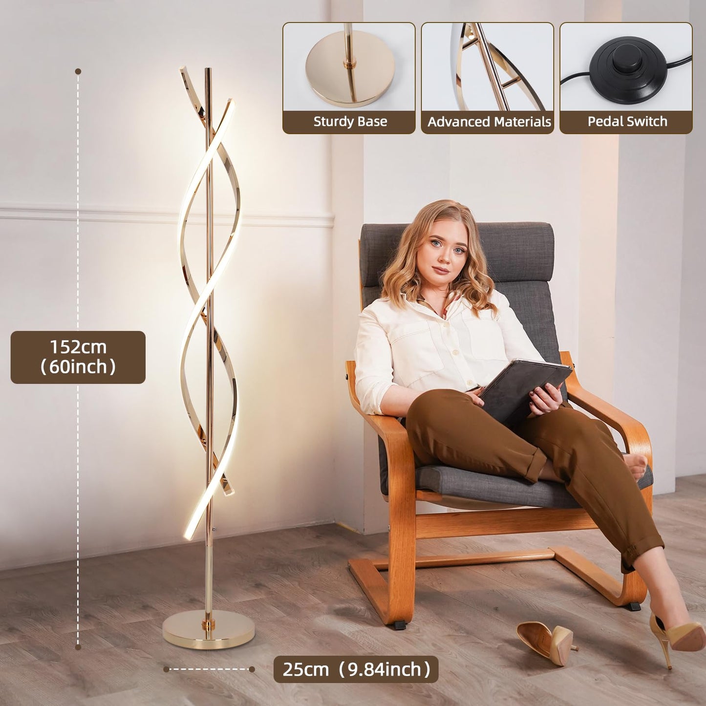 Eidearay Led Modern Floor Lamp, 40W Dimmable, Color-Changing, 60 Spiral Design, Gold, Model Ldd-G1