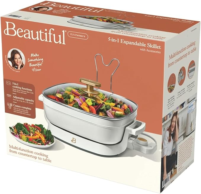 Beautiful 5-in-1 Electric Skillet 7QT, Cast Aluminum Extender, Nonstick, 1500W, Dishwasher-Safe Lid, Slow Cook, Steam (White Icing)