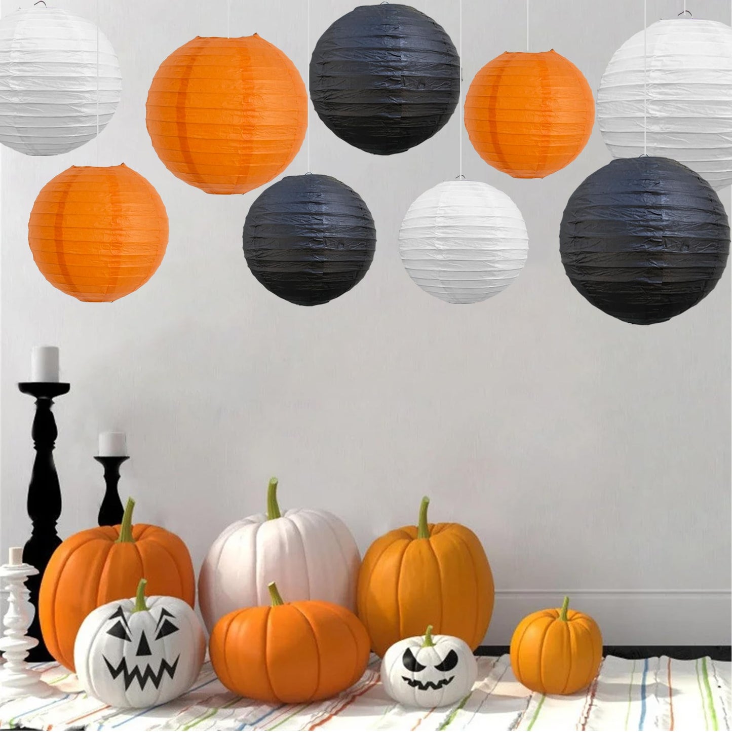 Beishida 12Pcs Orange Black White Paper Lanterns Decorative Chinese/Japanese Hanging Round Paper Lanterns Lamp For Halloween Birthday  Wedding  Christmas  Bridal Home Decor  Party Decoration